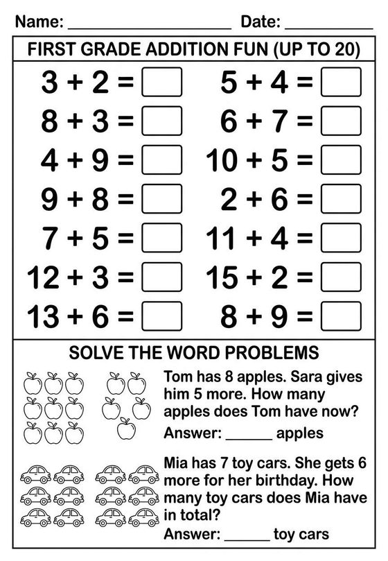 Addition to 20 printable worksheet preview