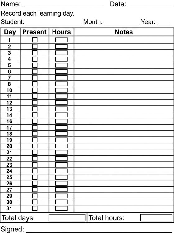 Attendance Log printable worksheet preview